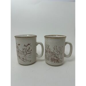 Collection Manoir Vintage Stoneware Coffee Mugs Set of 2 Cabin Landscape Korea